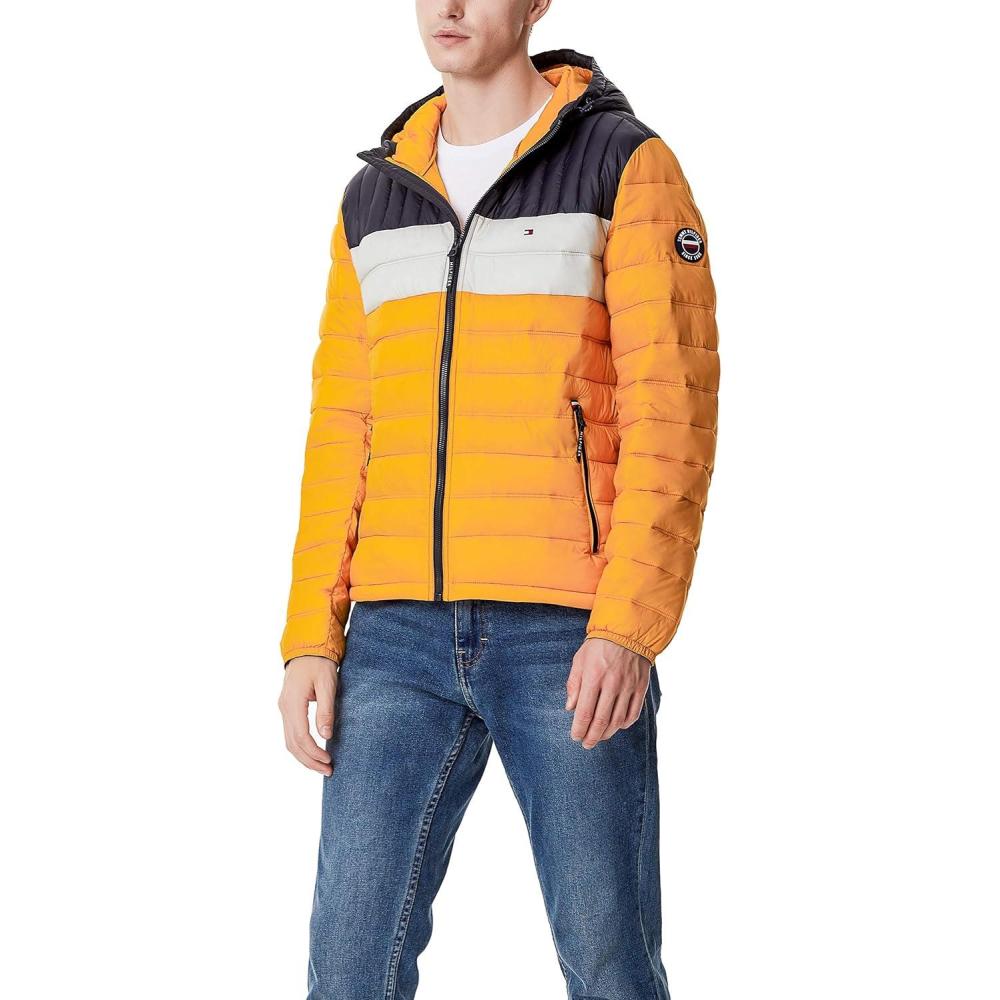 imageTommy Hilfiger Mens Water Resistant Ultra Loft Filled Hooded Puffer JacketYellowIceNavy Colorblock