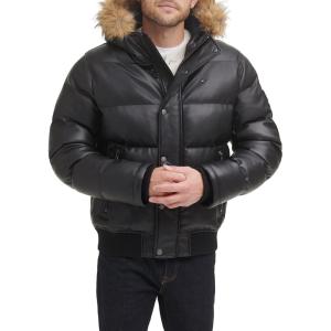 Tommy Hilfiger Men’s Arctic Cloth Quilted Snorkel Bomber Jacket (Standard and Big & Tall)(Black Faux Leather)