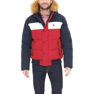 Tommy Hilfiger Men’s Arctic Cloth Quilted Snorkel Bomber Jacket (Standard and Big & Tall)(Navy/White/Red)