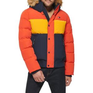 Tommy Hilfiger Men’s Arctic Cloth Quilted Snorkel Bomber Jacket (Standard and Big & Tall)(Orange/Yellow/Navy)