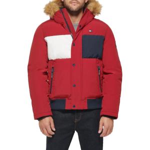 Tommy Hilfiger Men’s Arctic Cloth Quilted Snorkel Bomber Jacket (Standard and Big & Tall)(Red Flag Print)