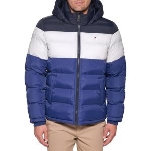 Tommy Hilfiger Men’s Down Alternative Hooded Puffer Jacket (Standard and Big & Tall)(Bluebell Color Block)