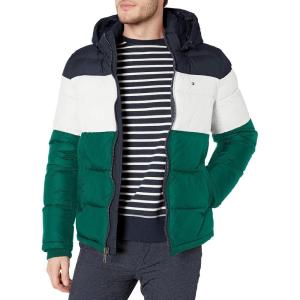 Tommy Hilfiger Men’s Down Alternative Hooded Puffer Jacket (Standard and Big & Tall)(Green Color Block)