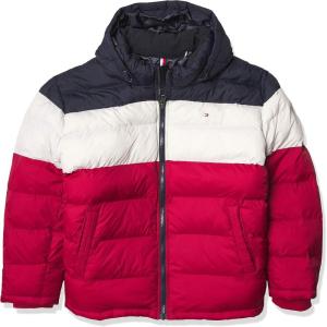 Tommy Hilfiger Men’s Down Alternative Hooded Puffer Jacket (Standard and Big & Tall)(Midnight/Ice/Red)