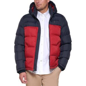 Tommy Hilfiger Men’s Down Alternative Hooded Puffer Jacket (Standard and Big & Tall)(Midnight/Red Color Block)