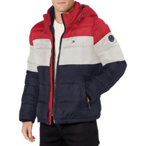 Tommy Hilfiger Men’s Down Alternative Hooded Puffer Jacket (Standard and Big & Tall)(Red/Ice/Navy)