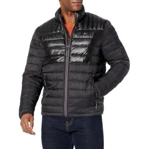 Tommy Hilfiger Mens Embroidered Logo Puffer Jacket(Black/Shine Colorblock)