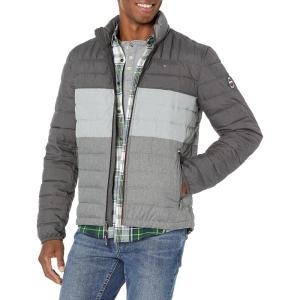 Tommy Hilfiger Mens Embroidered Logo Puffer Jacket(Grey Colorblock)