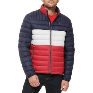 Tommy Hilfiger Mens Embroidered Logo Puffer Jacket(Midnight/Ice/Red Colorblock)
