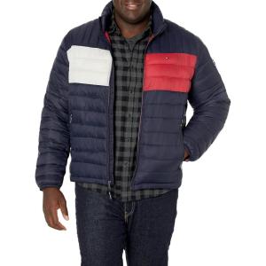 Tommy Hilfiger Mens Embroidered Logo Puffer Jacket(Navy Flag Colorblock)