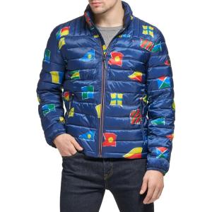 Tommy Hilfiger Mens Embroidered Logo Puffer Jacket(Navy Flag Print)