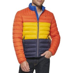 Tommy Hilfiger Mens Embroidered Logo Puffer Jacket(Orange/Yellow/Midnight Colorblock)