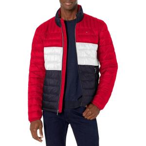 Tommy Hilfiger Mens Embroidered Logo Puffer Jacket(Red/Ice/Navy Colorblock)
