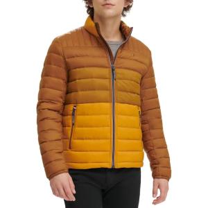 Tommy Hilfiger Mens Embroidered Logo Puffer Jacket(Tan/Brown Colorblock)