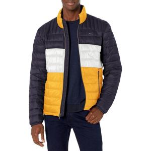 Tommy Hilfiger Mens Embroidered Logo Puffer Jacket(Yellow/Navy Color Block)