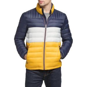 Tommy Hilfiger Mens Embroidered Logo Puffer Jacket(Yellow/Navy Colorblock)