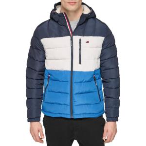 Tommy Hilfiger Men’s Midweight Sherpa Lined Hooded Water Resistant Puffer Jacket(Blue Combo Tech)