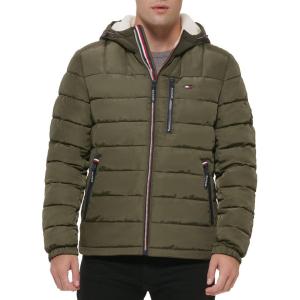 Tommy Hilfiger Men’s Midweight Sherpa Lined Hooded Water Resistant Puffer Jacket(Olive Tech)