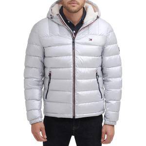 Tommy Hilfiger Men’s Midweight Sherpa Lined Hooded Water Resistant Puffer Jacket(Pearlized Grey)