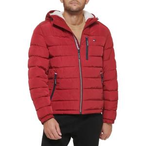 Tommy Hilfiger Men’s Midweight Sherpa Lined Hooded Water Resistant Puffer Jacket(Red Tech)