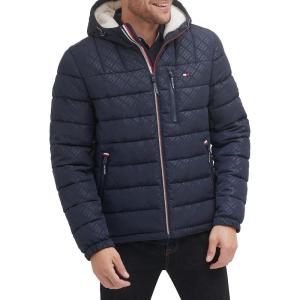 Tommy Hilfiger Men’s Midweight Sherpa Lined Hooded Water Resistant Puffer Jacket(Tommy Logo Tech Navy)