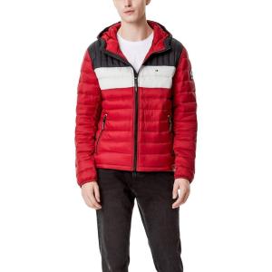 Tommy Hilfiger Men’s Water Resistant Ultra Loft Filled Hooded Puffer Jacket(Black/Ice/Red Colorblock)