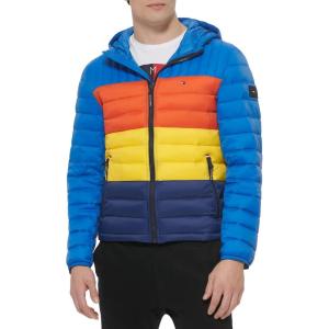 Tommy Hilfiger Men’s Water Resistant Ultra Loft Filled Hooded Puffer Jacket(Blue Multi Colorblock)