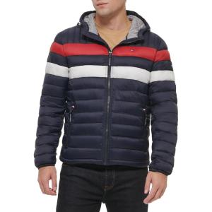 Tommy Hilfiger Men’s Water Resistant Ultra Loft Filled Hooded Puffer Jacket(Navy/Red)