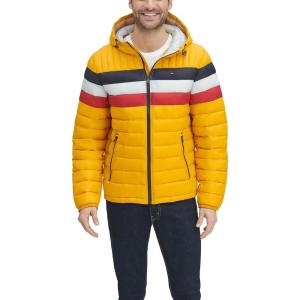 Tommy Hilfiger Men’s Water Resistant Ultra Loft Filled Hooded Puffer Jacket(Yellow Tricolor Stripe)