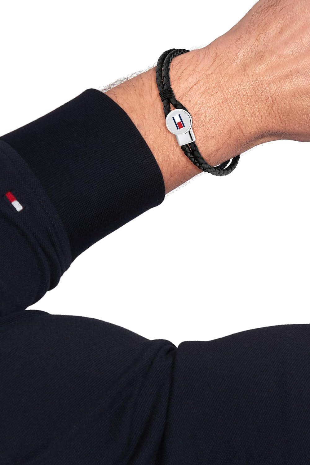 imageTommy Hilfiger Mens Jewelry Braided Leather Bracelet Toggle Closure Enamel Flag Detail Casual Everyday Style Accessory for Him