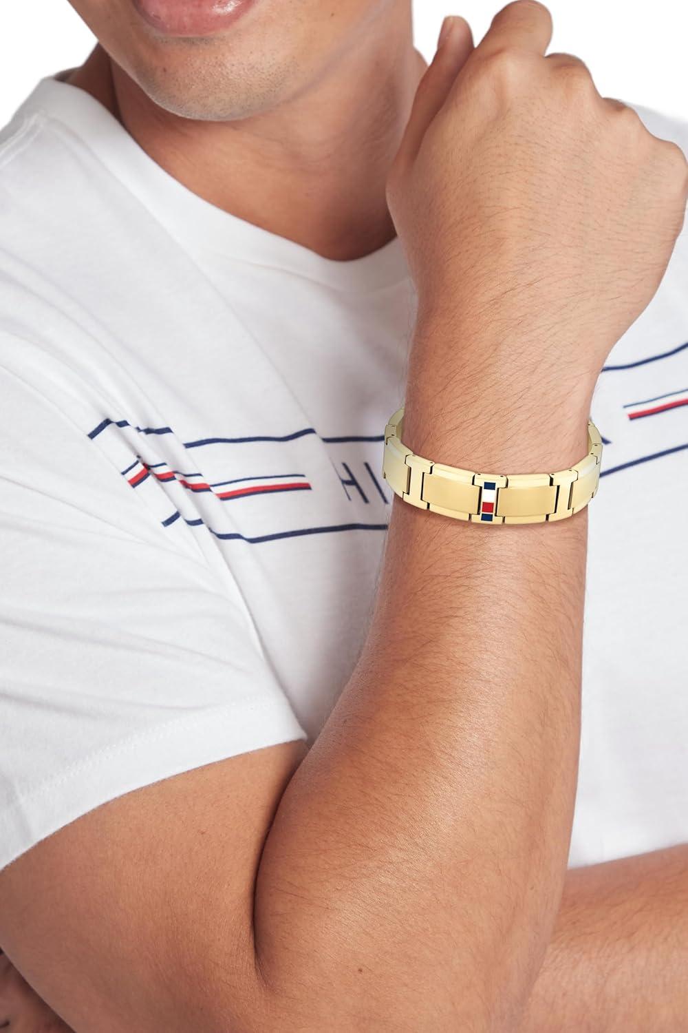 imageTommy Hilfiger Mens Jewelry Link Chain Bracelet Bold Style FoldOver Clasp Enamel Stripe Detail Adjustable Stainless Steel Accessory for Him