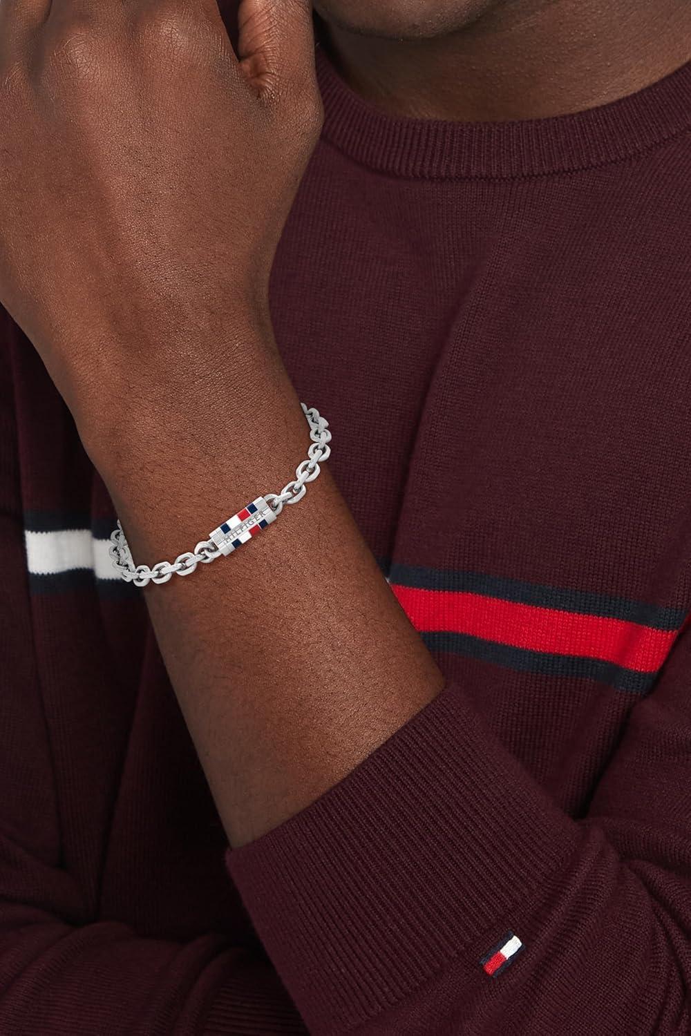 imageTommy Hilfiger Mens Jewelry Slim Chain Bracelet Magnetic Clasp Enamel Stripe Detail Stainless Steel Modern Layering Style Gift for Him
