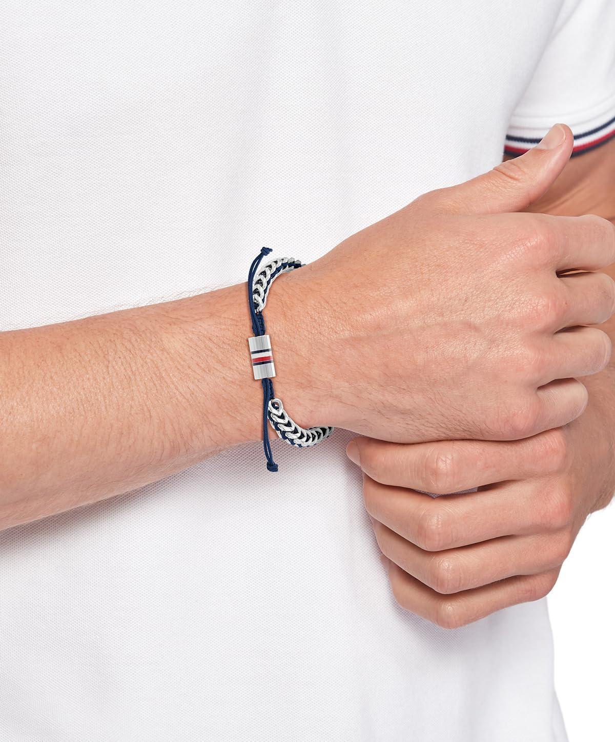 imageTommy Hilfiger Mens Jewelry Stainless Steel Adjustable Rope Bracelet A Fusion of Metal and BraidsNavy