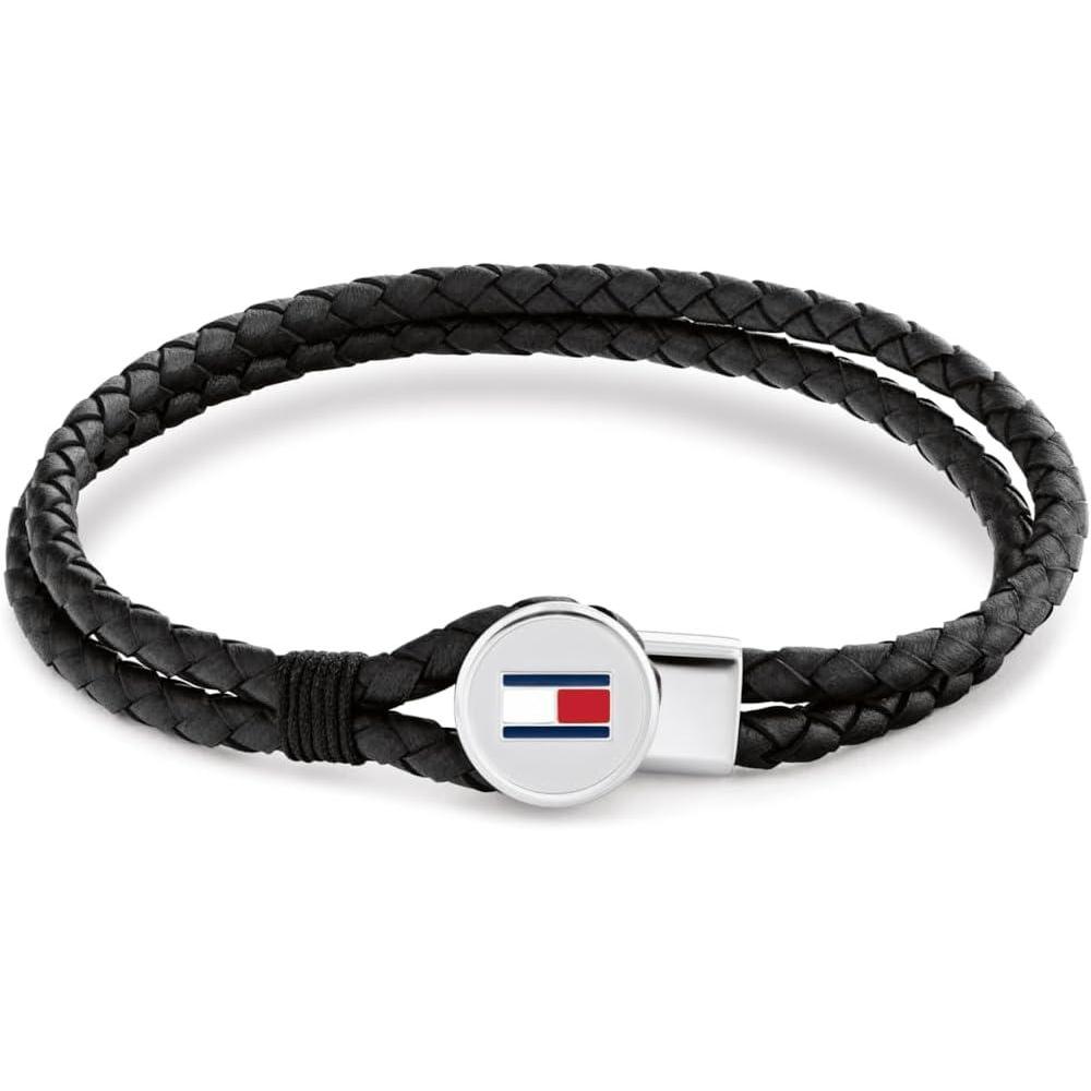 imageTommy Hilfiger Mens Jewelry  Braided Leather Bracelet  Toggle Closure Enamel Flag Detail  Casual Everyday Style  Accessory for Him