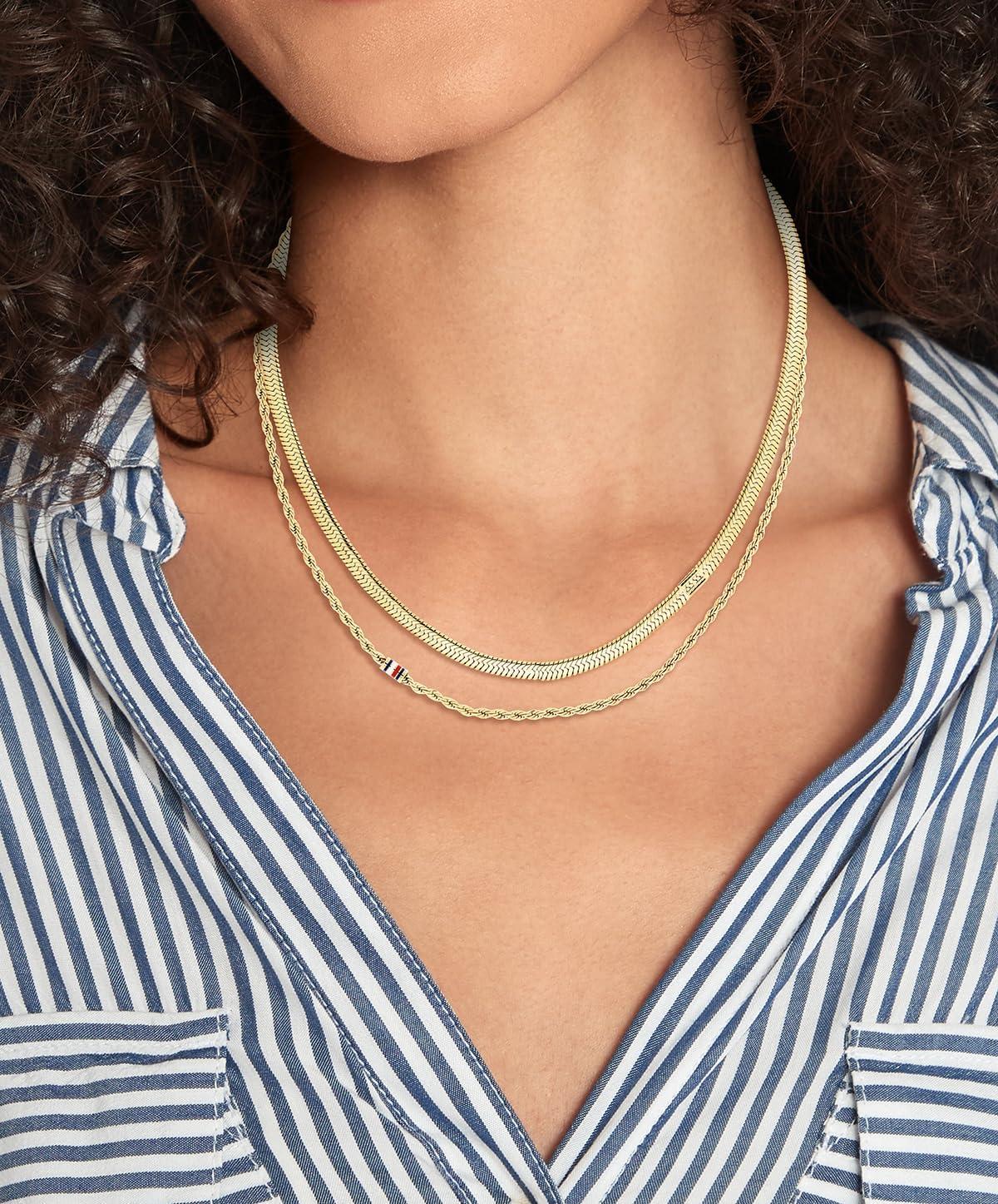 imageTommy Hilfiger Womens Jewelry Necklace Double Chain with Enamel Stripe and Skeleton Flag Detail Layered Look Adjustable Fashion Accessory Gift for Her