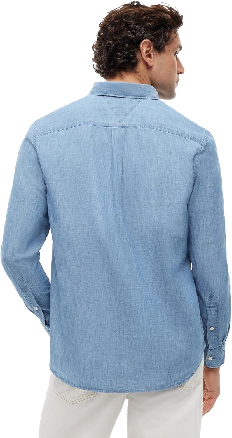 imageTommy Hilfiger Mens Long Sleeve Chambray Casual Button Down Shirts in Regular FitMedium Blue Chambray