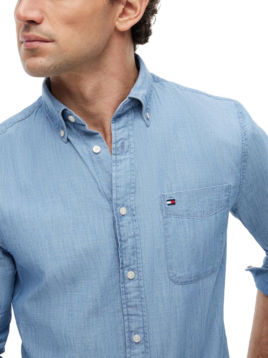 imageTommy Hilfiger Mens Long Sleeve Chambray Casual Button Down Shirts in Regular FitMedium Blue Chambray