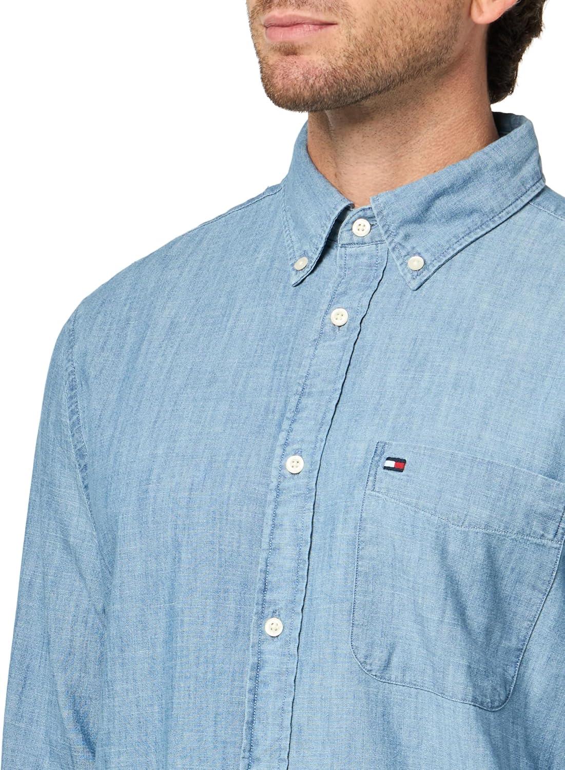 imageTommy Hilfiger Mens Long Sleeve Chambray Casual Button Down Shirts in Regular FitMedium Blue Chambray