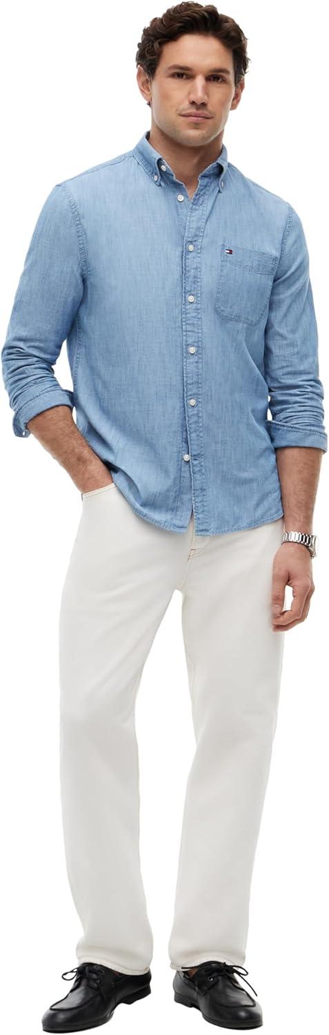 imageTommy Hilfiger Mens Long Sleeve Chambray Casual Button Down Shirts in Regular FitMedium Blue Chambray