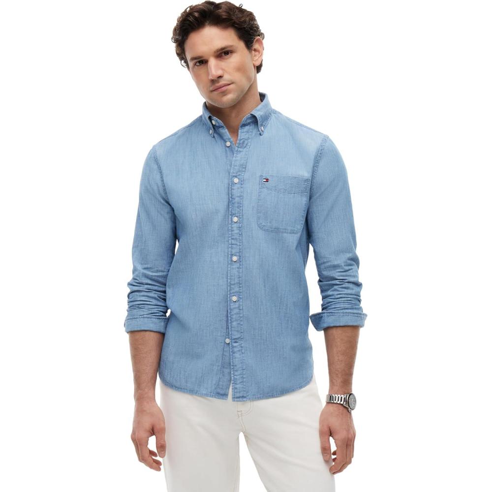 imageTommy Hilfiger Mens Long Sleeve Chambray Casual Button Down Shirts in Regular FitMedium Blue Chambray