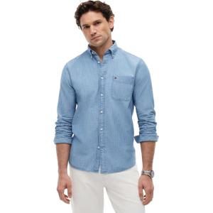 Tommy Hilfiger Men’s Long Sleeve Chambray Casual Button Down Shirts in Regular Fit(Medium Blue Chambray)