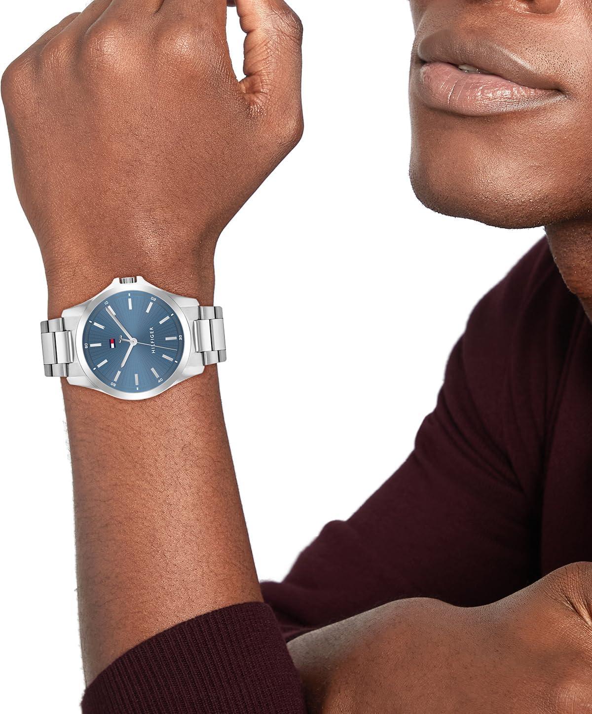 imageTommy Hilfiger Mens 3H Quartz Watch Stainless Steel Bracelet Water Resistant 3 ATM Modern and Stylish Timepiece Gift for Him 42mmSilverBlue