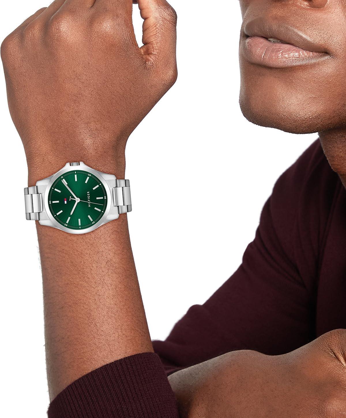 imageTommy Hilfiger Mens 3H Quartz Watch Stainless Steel Bracelet Water Resistant 3 ATM Modern and Stylish Timepiece Gift for Him 42mmSilverGreen