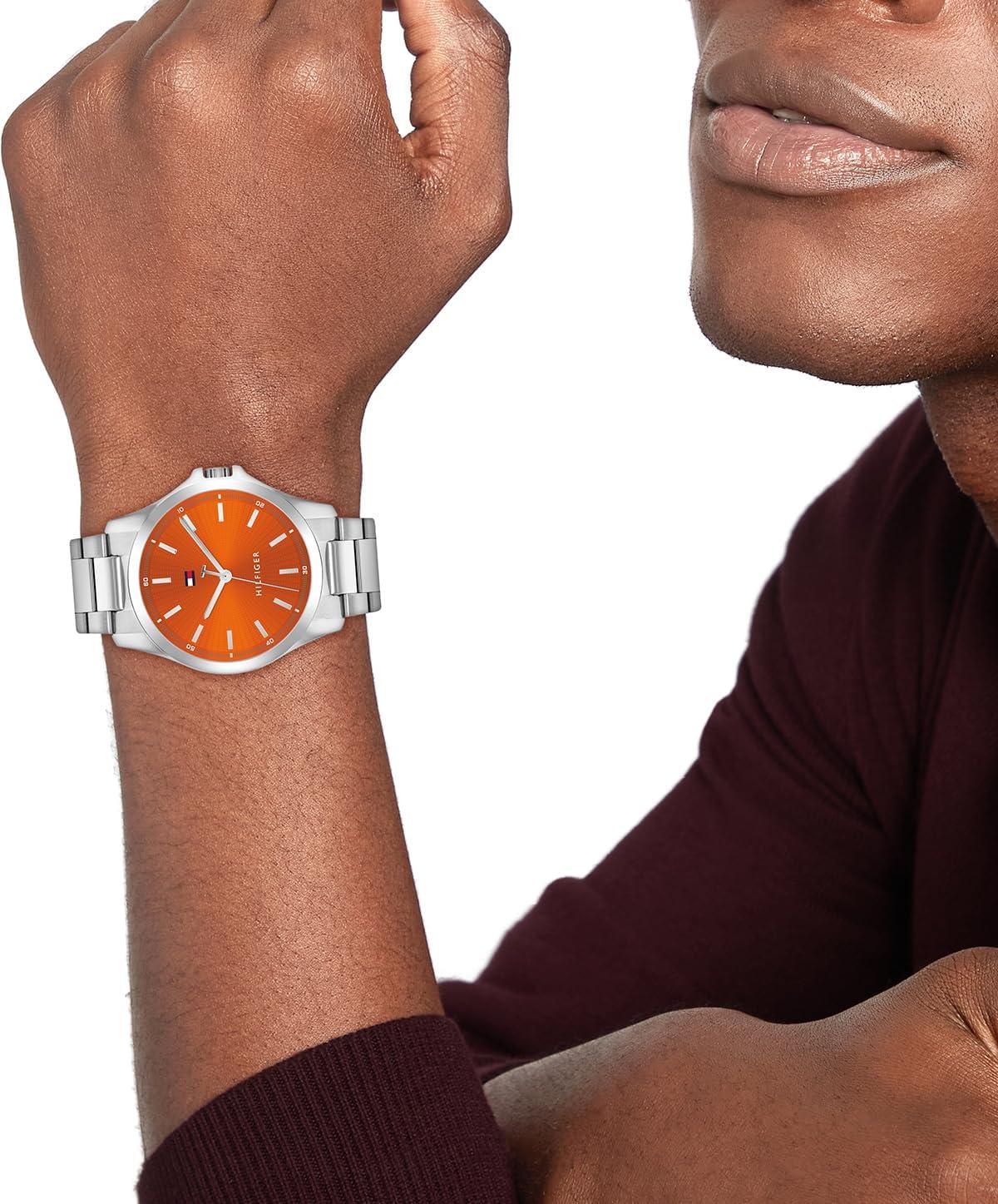 imageTommy Hilfiger Mens 3H Quartz Watch Stainless Steel Bracelet Water Resistant 3 ATM Modern and Stylish Timepiece Gift for Him 42mmSilverOrange