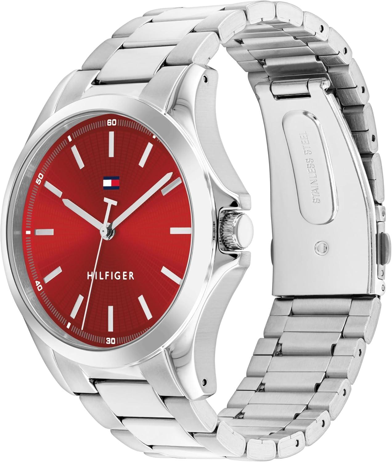 imageTommy Hilfiger Mens 3H Quartz Watch Stainless Steel Bracelet Water Resistant 3 ATM Modern and Stylish Timepiece Gift for Him 42mmSilverRed