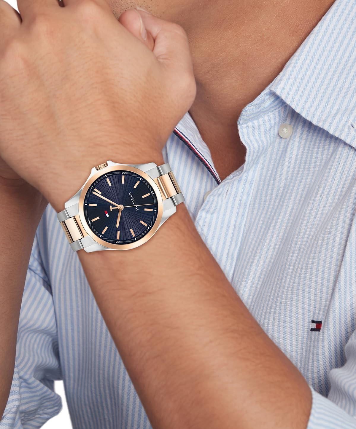 imageTommy Hilfiger Mens 3H Quartz Watch Stainless Steel Bracelet Water Resistant 3 ATM Modern and Stylish Timepiece Gift for Him 42mmTwo Tone Blue