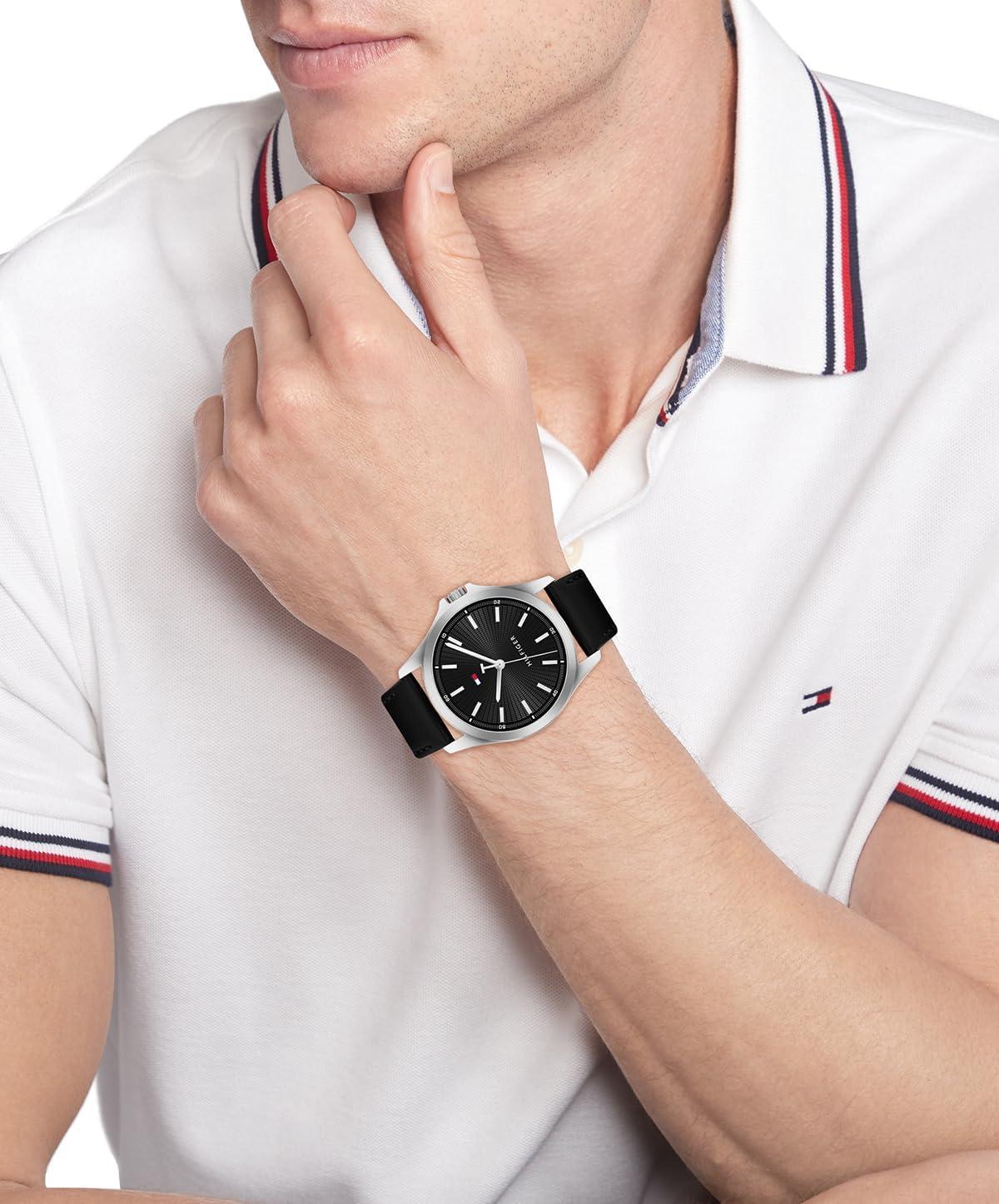 imageTommy Hilfiger Mens 3Hand Quartz Watch 42mm Case Leather Strap 3 ATM Water Resistant Modern Everyday Timepiece Gift for HimBlackSilver