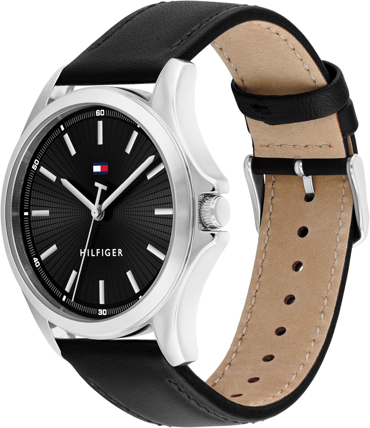 imageTommy Hilfiger Mens 3Hand Quartz Watch 42mm Case Leather Strap 3 ATM Water Resistant Modern Everyday Timepiece Gift for HimBlackSilver