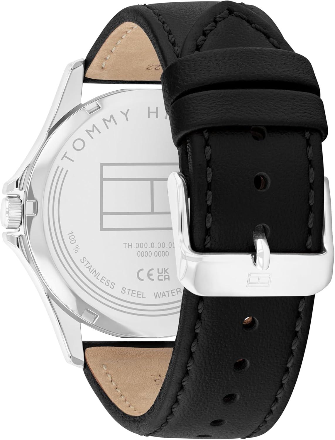imageTommy Hilfiger Mens 3Hand Quartz Watch 42mm Case Leather Strap 3 ATM Water Resistant Modern Everyday Timepiece Gift for HimBlackSilver