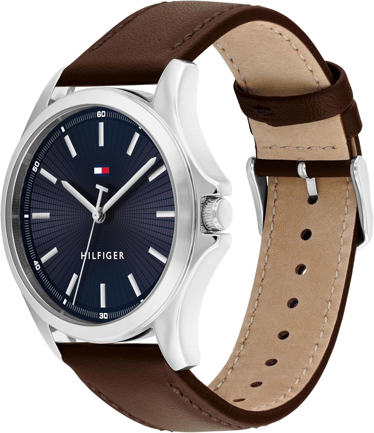 imageTommy Hilfiger Mens 3Hand Quartz Watch 42mm Case Leather Strap 3 ATM Water Resistant Modern Everyday Timepiece Gift for HimBrown Blue